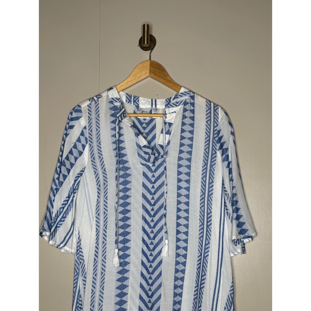 Goa Beachwear by Japna Blue White Geometric Tribal Print Shift Dress XS Rayon - Picture 3 of 8